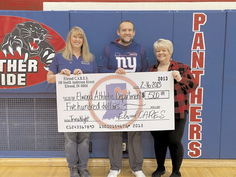 Earlier this month, the Elwood C.A.R.E.S. organization hosted its annual Trivia Night fundraiser at Lucky Strike Lanes. Each year, the fundraiser benefits a different local cause. This year, Elwood C.A.R.E.S. raised $500 for the Elwood Junior/Senior High School Athletic Department. In the photograph above, C.A.R.E.S. members Lori Nutt and Tish Cole are shown presenting the donation to Ryan VanSkyock, EJSHS Athletic Director.